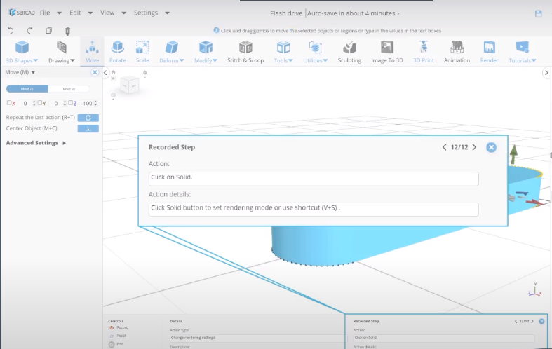 selfcad generates step-by-step instruction for the tutorial based on the actions performed in the editor